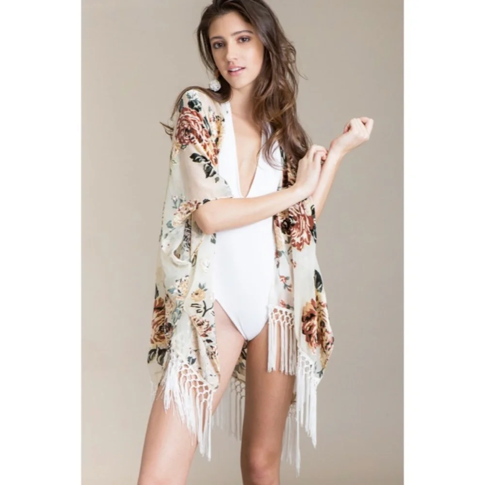 Maya Island Velvet Floral Macrame Tassel Fringe Kimono Cream Coverup Wrap - Picture 4 of 7